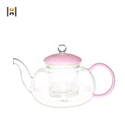 China Viable Handmade Transparent Floral Glass Teapot With Candle Warmer Elegant Borosilicate Glass Teapot for sale