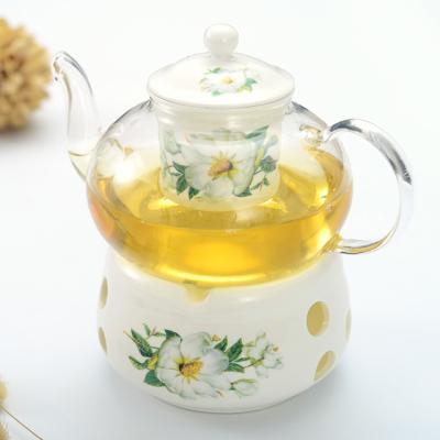 China Viable Elegant Flower Decor Glass Teapot With Ceramic Infuser Warmer for sale