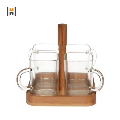 China Custom Barware Sustainable Development 4 Piece Tea Water Wine Glass Mug With Handle With Wood Tray for sale