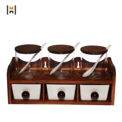 China Viable Wholesale Glass Spice Jars Set Storage Set Porcelain Ceramic Square Bowls With Bamboo Holder Spoon And Lid For Tableware for sale