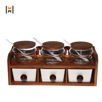 China Viable Clear Glass Condiment Spice Jars, Creamice BowlsCeramic Spoons And Tier 2 Servers With Wooden Display Rack for sale