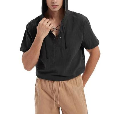 China New Summer Men's Breathable Short Loose European Size Solid Color Sleeve Lanyard Cotton Hooded Polo Shirt for sale