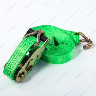 China Cargo Tie Down Breaking Force 3000kg 5 Meter 35mm Heavy Duty Ratchet Cargo Belt With Handle And J-Hooks Plastic EN Standard 12195-2:2000 for sale