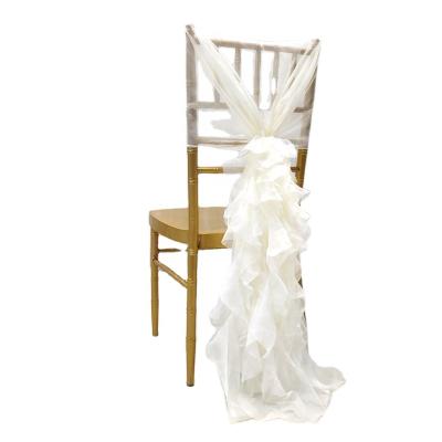 China Elegant Disposable Blush Pink Chiffon Ruffled Chair Cover Wedding Buckled Willow Chair Sash for sale