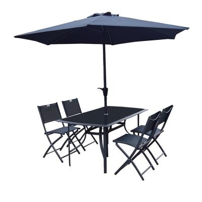 China 4pcs Folding Chairs + 1 kd Outdoor Folding Table +2.2m Garden Umbrella 6pcs Patio Dining Table and Chairs Set with Umbrella and Build-base for sale