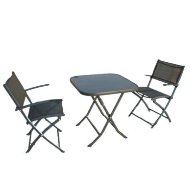 China MG095-E French Outdoor 3pcs Table Sets Square Glass Mesh Table Armchairs Sets Bistro Folding Set for sale