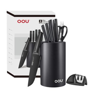 China Sustainable Oxide Layer Black Bo OOU Stainless Steel 8pcs High Carbon Kitchen Knives Set With Sharpener for sale