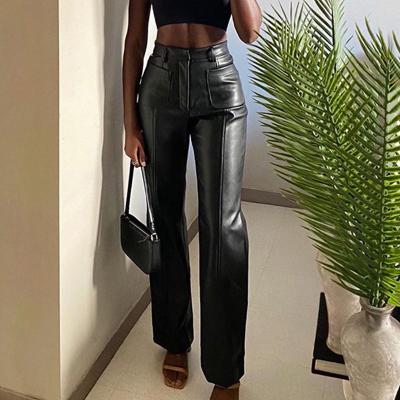 China New Amazon Hot Sale Waterproof High Waist PU Leather Pants Women Button Up Long Straight Faux Leather Pants for sale