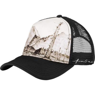 China Custom low moq 100%polyester JOINT trees and mountains printing 5 panel mesh trucker hat for sale