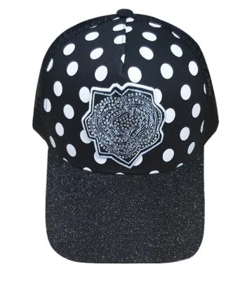 China COMMON Custom Embroidery Dotted Printing Rhinestone Flower Fashion Trucker Hat for sale