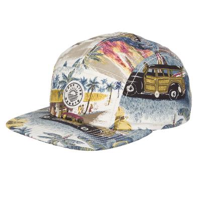 China 100% COMMON polyester cusotm logo woven patch all over sublimation printing 5 panel hat for sale