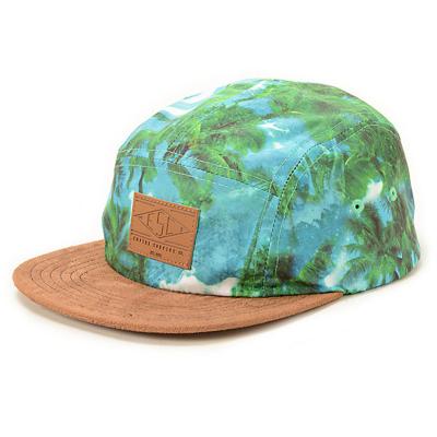 China Custom Suede JOINT Brim Logo Hawaii Style All Over Print Patch 5 Panel Leather Hat for sale