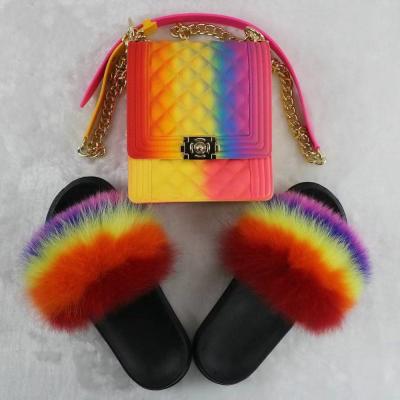 China DAMPENING wholesales real fur slippers sets fur slides for women with big purse 2021women fur slide and purse set for sale