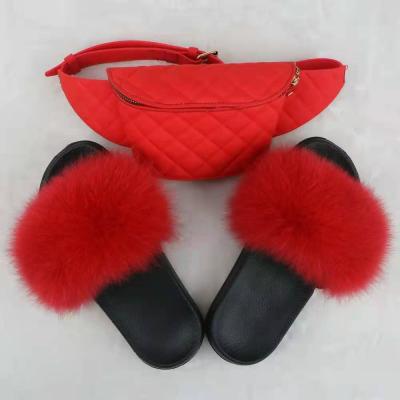 China CUSHIONING Hot Selling PVC Jelly Waist Bag Candy Bag Fox Fur Fluffy Slippers Set Jelly Purse Women With Slides Handbags for sale