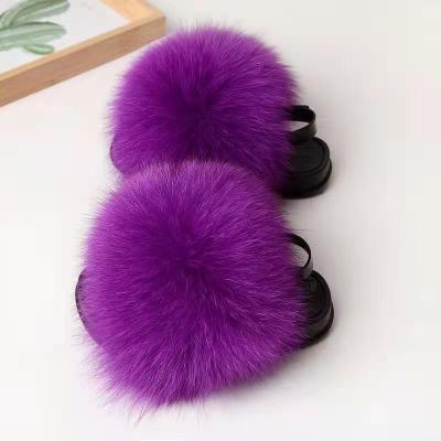 China Insulative 2021 New Products Children Kids Fox Fur Real Slides Indoor Slippers For Kids Children Fur Slides Slippers for sale