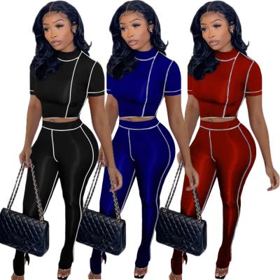 China Breathable Fashion Casual Party 2 Piece Set Women 2021 Plus Size Crop Top Short Sleeve Split Long Pants Matching Sets Club Two Piece Suit for sale