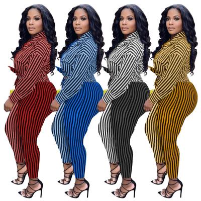 China 2021 Autumn Summer Breathable Clothes For Women Long Sleeve Blouse Shorts Striped Two Piece Set Fashion for sale