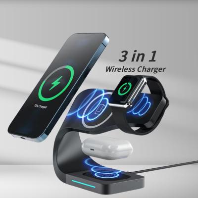 China Best Selling LED Custom Foldable Magnetic Cell Phone 4 in 1 or 3 in 1 Qi Fast Wireless Chargers Phone 15W Charger Stand Station for sale