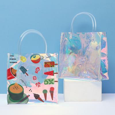 China 100% Wholesale Custom Holographic Transparent Rainbows Eco-friendly TPU Beach Shopping Bag PVC Tote Bag for sale