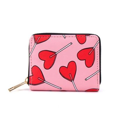 China Waterproof High Quality Multicolor Cute Single Layer Small Zipper Print Heart Shaped Purse Wallet for Woman and Kids for sale