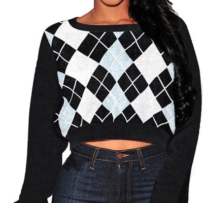 China European and American Anti-wrinkle Women's Diamond Plaid Long Sleeve Round Neck Slim Navel Sweater Short Top for sale