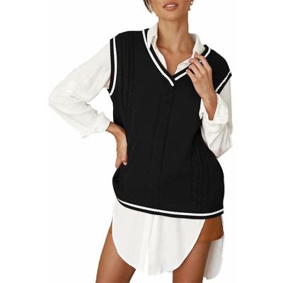 China Anti-Wrinkle Women's Knitted Color Matching Knit Loose And Soft V-Neck Vest Sleeveless College Style for sale