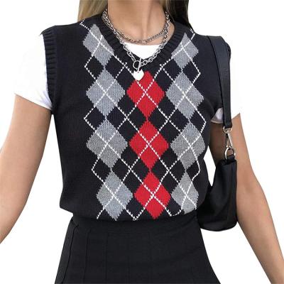 China 2021 Autumn Fashion Diamond Plaid College Style Sleeveless Vest Logo Knit Harajuku V Neck Breathable Custom Sweater Top for sale