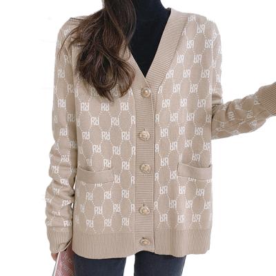 China Custom Women's College Style Rhombus Sweater Casual V-Neckline Sweater Cardigan Jacket Long Sleeve Anti-wrinkle for sale