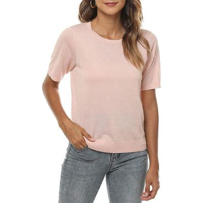 China New Summer Anti-wrinkle Pink O-neck Solid Short Sleeve Ladies Soft Sweaters Full Crew Neck Slim Women Slim Knitted Sweater for sale