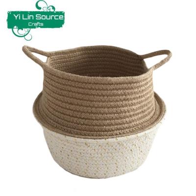 China New Sustainable Handmade Cotton Rope And Jute Rope Storage Baskets With Handle for sale