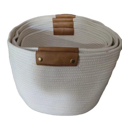 China Sustainable Bathroom Storage With Leather Handle Rope Woven Cotton Basket for sale