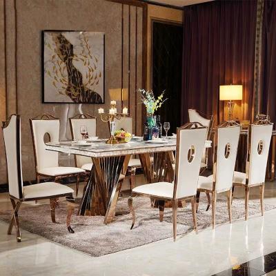 China Modern restaurant furniture rose gold stainless steel dinner set marble dining table luxury design dining tables for sale