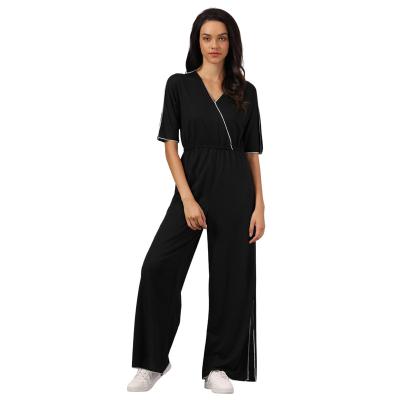 China 2022 Elegant Women QUICK DRY V-Neckline One Piece Rompers Office Lady Casual Outfit Wide Leg Overalls for sale