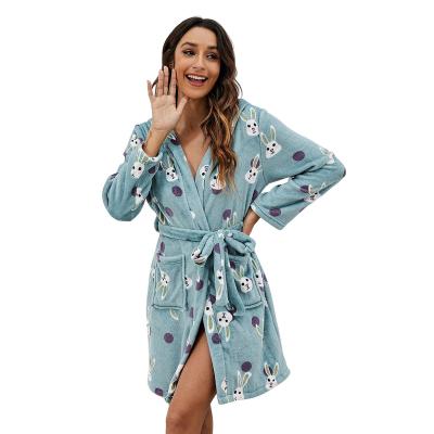 China Wholesale Thermal Women's Cartoon Bathrobe With Pocket Polyester Thermal Hooded Women's Flannel Long Robes Sleepwear for sale