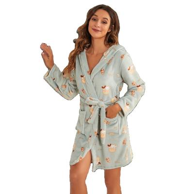 China Flannel Printing Thermal Wholesale Warm Bathrobe With Pocket Thermal Hooded Long Robes Knitted Women's Soft Sleepwear for sale