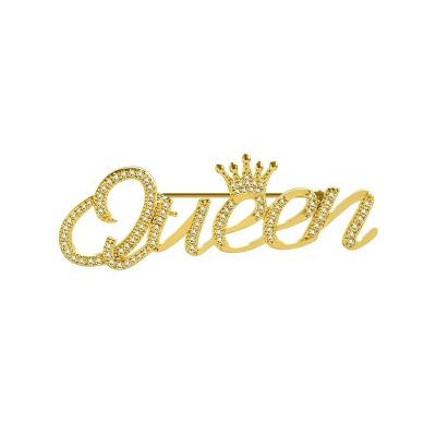 China Cute Hot Sale Metal Queen Pin Brooch Pin Lady Name Letter Fashion Rhinestone Brooch Gold Silver Brooch for sale