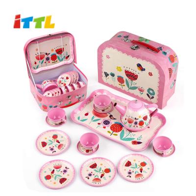 China Plastic Most Popular Plastic Kids Tea Cup Toy Tin Teapot Set Toy With Dessert Toy for sale