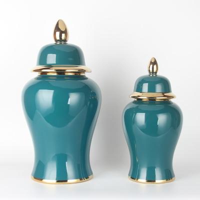 China J118 Luxury hot sale France ceramic ginger jar green porcelain ginger jar set line gold color for sale