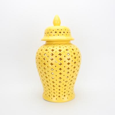 China J155Y CLASSIC Ceramic Hollow-out Porcelain Temple Yellow Ginger Jar With Lid Home Decor Pot for sale