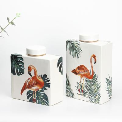 China Traditional Home Accessories Ceramic Square Pot Nordic Style Flamingo Jars White Porcelain Pot Decor for sale