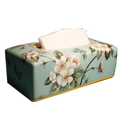 China Homemade Ceramic Fancy Toilet Paper Dispenser Flower Painting Hotel Kitchen Tissue Box Paper Case Green Car Tissue Holder for sale