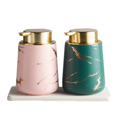 China INS Sustainable Ceramic Hand Soap Green Bottle Pink Porcelain 380ml Pump Lotion Bottles for sale