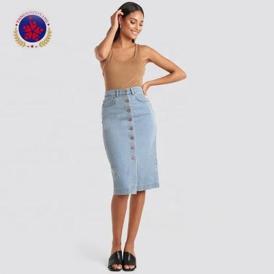 China QUICK DRY 100% Cotton Wash Light Blue Button Up Denim Midi Skirt for sale