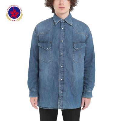 China Mid Tone Washed Denim Men's Oversized Anti-Pilling Denim Shirt for sale