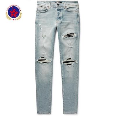 China QUICK DRY Light Blue Skinny-Fit Distressed Panel Butt-Denim Jeans for sale