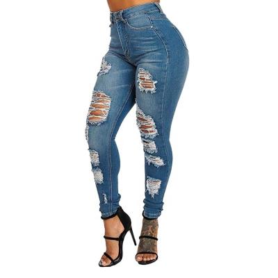 China European and American style ladies viable skinny pencil denim pants stretch high waist women slim hole jeans for sale