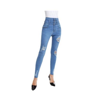 China Sustainable Cheap Women Clothing Ripped Jeans High Elastic Mid Waist Denim Pants for sale