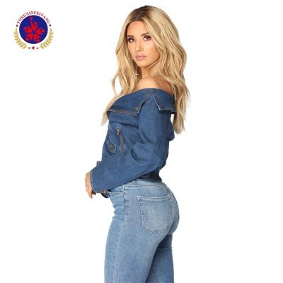 China Breathable Women Dark Off The Shoulder Sexy Denim Jacket for sale