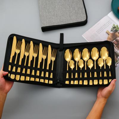 China Portable Travel Gold Silverware Set Stainless Steel Viable Portable 24 Pieces Picnic Cutlery Set With Bag for sale