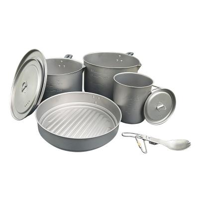 China General Use For Gas And Induction Cooker Ultralight Titanium Cookware New Six-Piece Sets Outdoor Camping Pot Titanium Cup Cup Spoon Carabiner Cooking Pot Set for sale